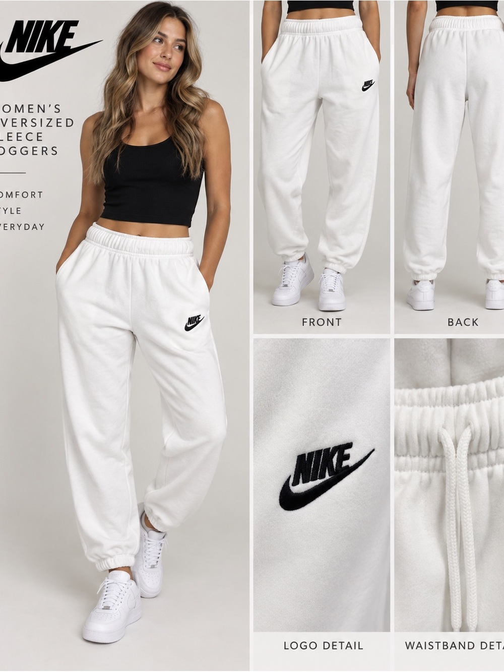 Nike White women’s Fleece Joggers with Black Swoosh